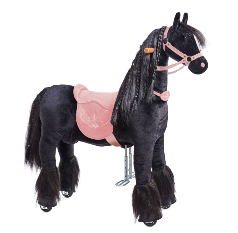 Paard op wieltjes van Ponnie, Ebony, maat M, met roze zadel