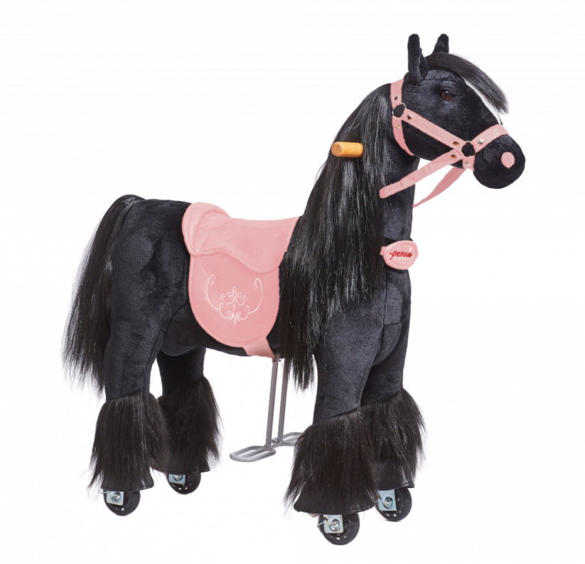 Small horse on wheels Ponnie Ebony S with a pink saddle